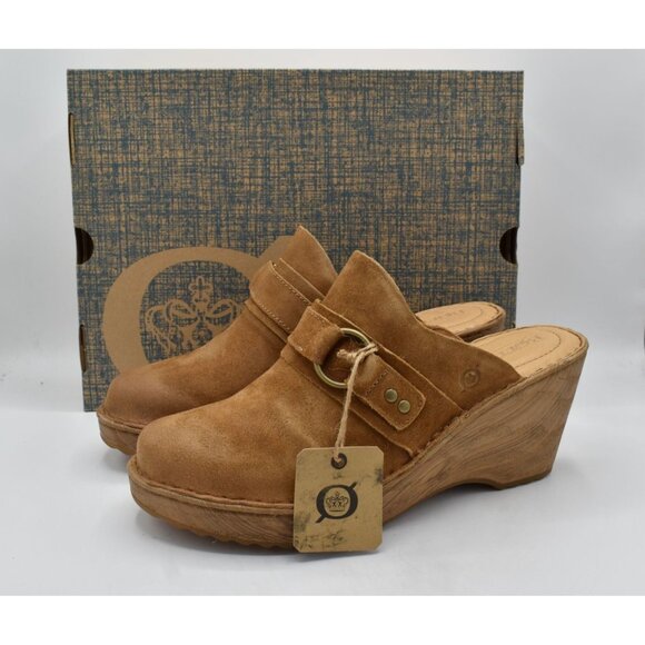 Born Womens 11 Nola Tan Camel Distressed Leather Slip On Platform Clogs Mules - Picture 2 of 15